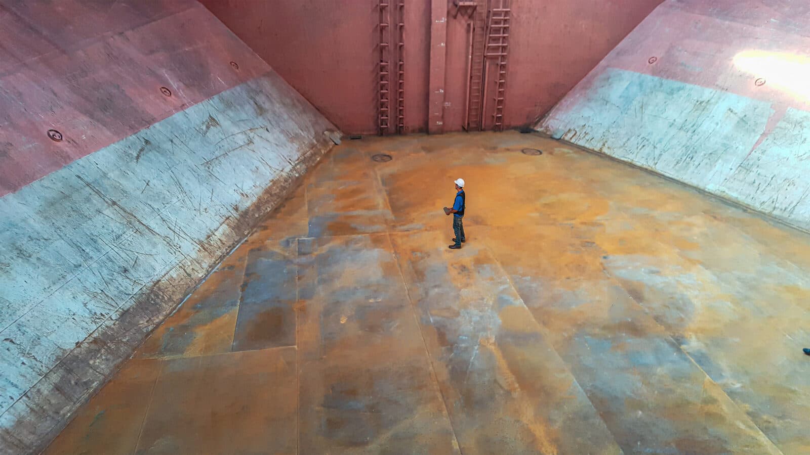 Inspector inside an empty bulk-carrier hold before biomass loading begins.