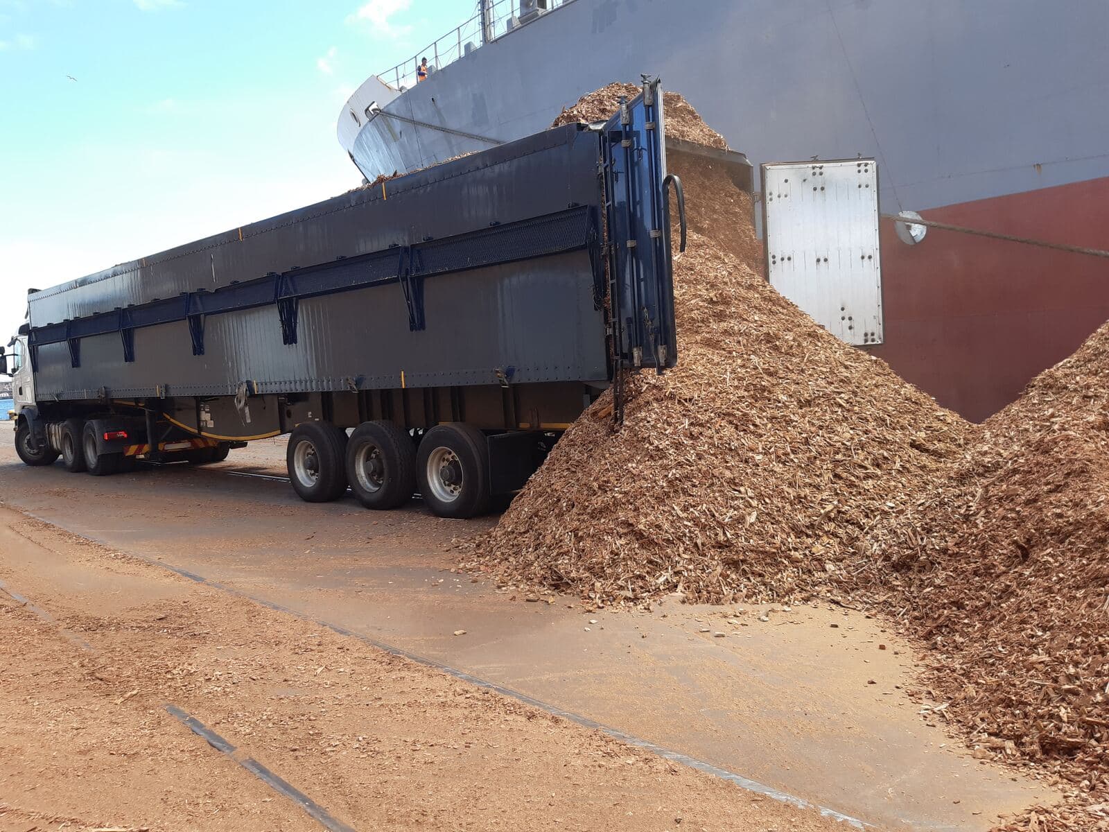 Walking-floor trailer unloading woodchips at quay in South Africa