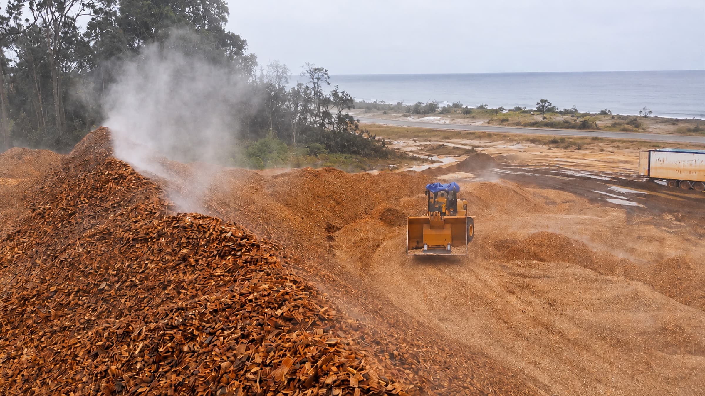 Port-side biomass stockpile conditions reviewed for moisture, dust and contamination risk.